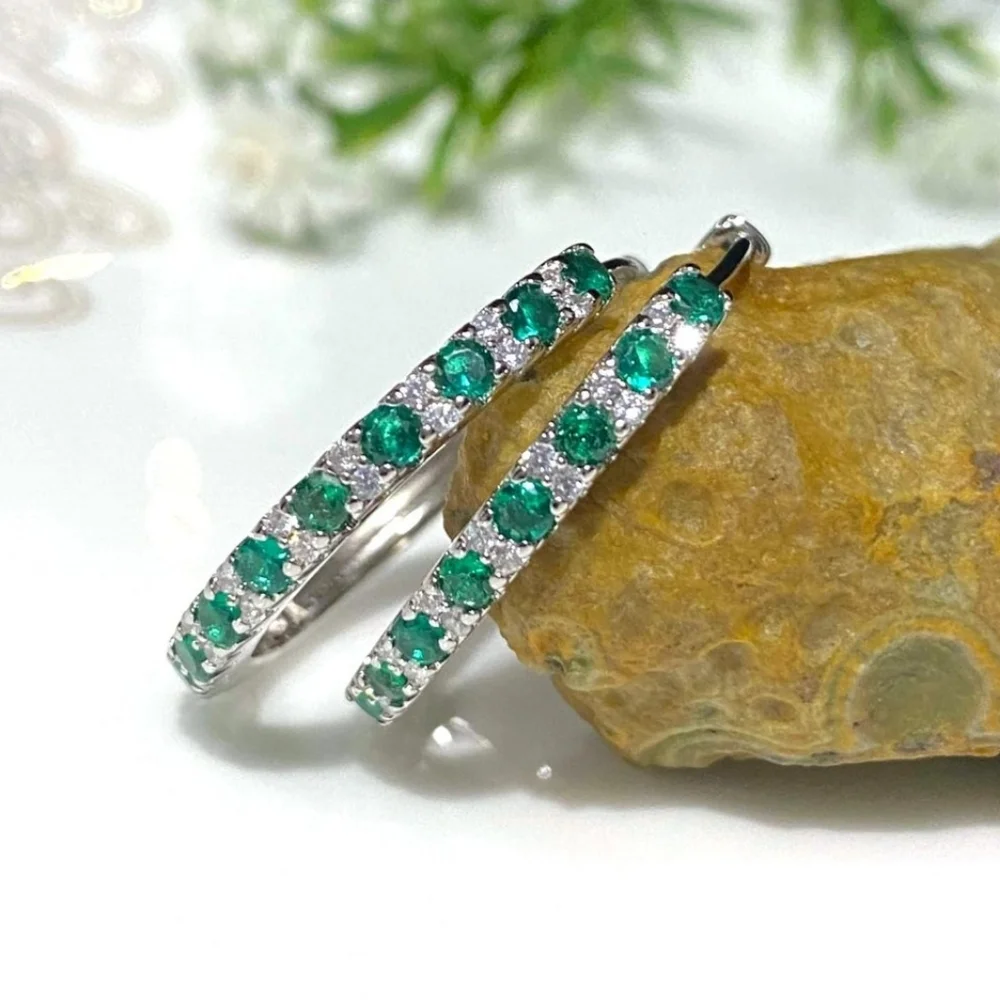 .925 Vintage Sterling Silver Emerald And White Topaz Hoop Earrings